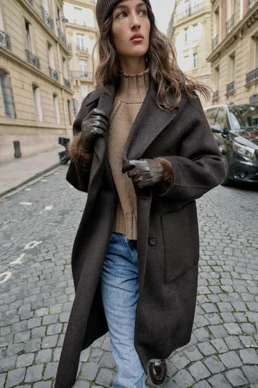 LONG DOUBLE-BREASTED WOOL COAT - Brown by Zara