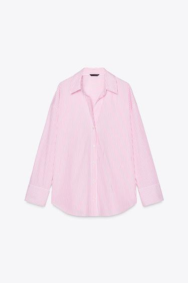 STRIPED POPLIN SHIRT WITH METALLIC THREAD - Pink / White by Zara