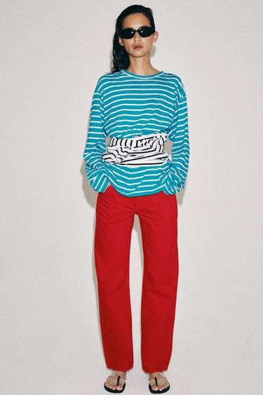 STRIPED COTTON AND LINEN T-SHIRT - Blue/White by Zara