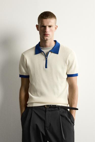 COLOUR BLOCK ZIP KNIT POLO SHIRT - Ecru by Zara