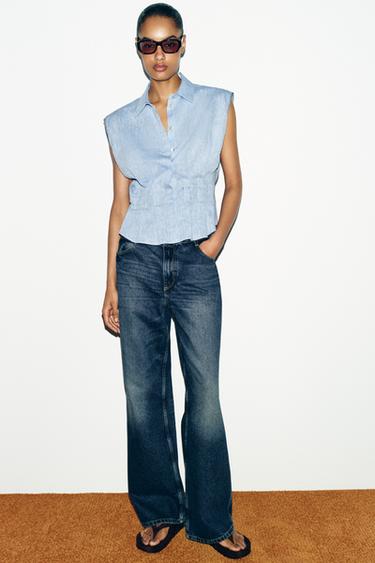 LINEN BLEND DARTED TOP - Blue by Zara