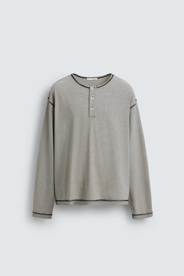 STRIPED HENLEY T-SHIRT - Blue/White by Zara