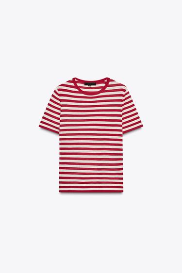 STRIPED SHORT SLEEVE KNIT TOP - Ecru / Red by Zara