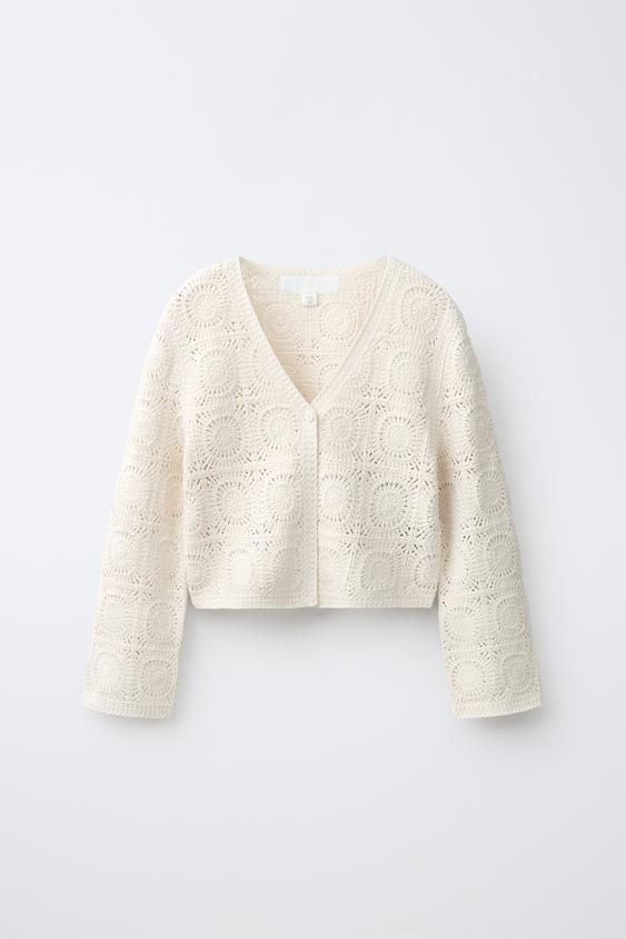 CROCHET FLOWER KNIT CARDIGAN - Ecru by Zara - Image 0