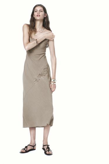 EMBROIDERED MIDI CAMISOLE DRESS - Brown / Taupe by Zara