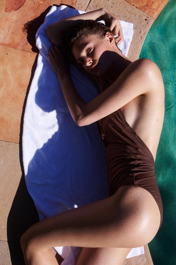 PLAIN SWIMSUIT WITH EYELETS - Brown by Zara - Image 0