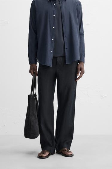100% LINEN STRAIGHT-LEG TROUSERS - Dark navy by Zara