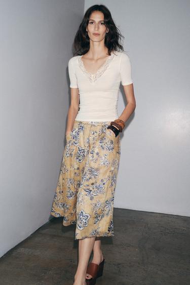 RIBBED LACE T-SHIRT - Oyster-white by Zara