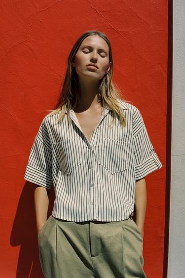 CROPPED LINEN BLEND SHIRT - ecru/khaki by Zara