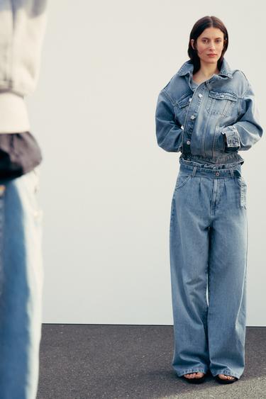 TRF HIGH-WAIST PAPERBAG BELTED JEANS - Blue by Zara