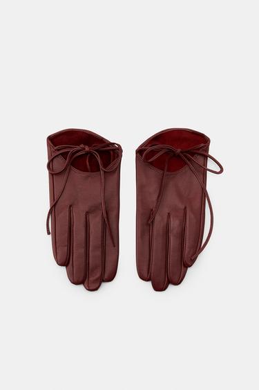 LEATHER GLOVES WITH TIE - Burgundy by Zara