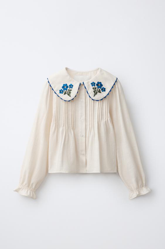 EMBROIDERED COLLAR SHIRT - Ecru by Zara - Image 0
