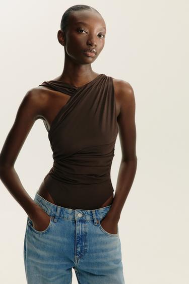DRAPED ASYMMETRIC TULLE BODYSUIT - Dark brown by Zara
