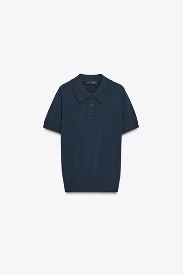 SHORT SLEEVE KNIT POLO TOP - Navy blue by Zara