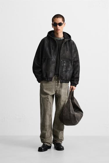 LEATHER HOODED JACKET - Brown by Zara