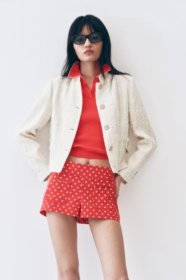 METALLIC THREAD STRUCTURED BLAZER WITH SHOULDER PADS - Ecru by Zara