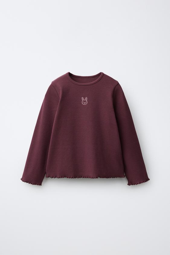 EMBROIDERED RIBBED T-SHIRT - Burgundy by Zara - Image 0