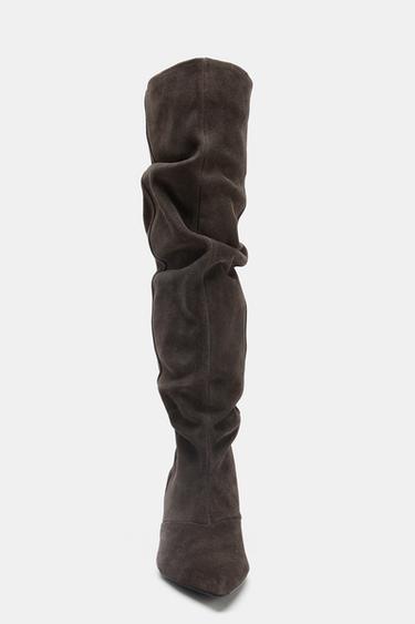 SPLIT SUEDE KITTEN HEEL BOOTS - Brown by Zara