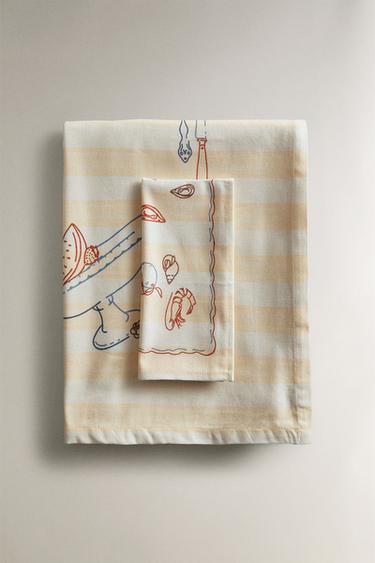 DINNER SET PRINT TABLECLOTH WITH STRIPES - Ecru by Zara