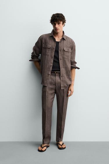100% LINEN REGULAR FIT SHIRT - Brown marl by Zara