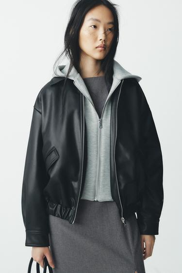 CONTRAST FAUX LEATHER JACKET - Black by Zara