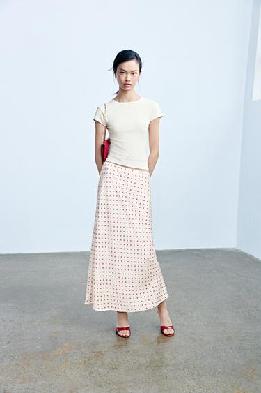 POLKA DOT SATIN MIDI SKIRT - Ecru / Red by Zara