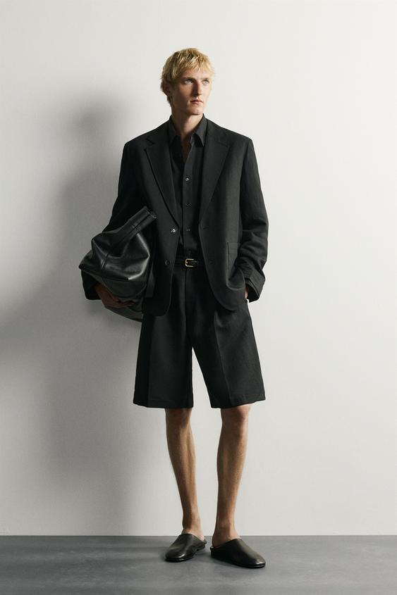 TEXTURED PLEATED TAILORED BERMUDA SHORTS - Black by Zara - Image 0