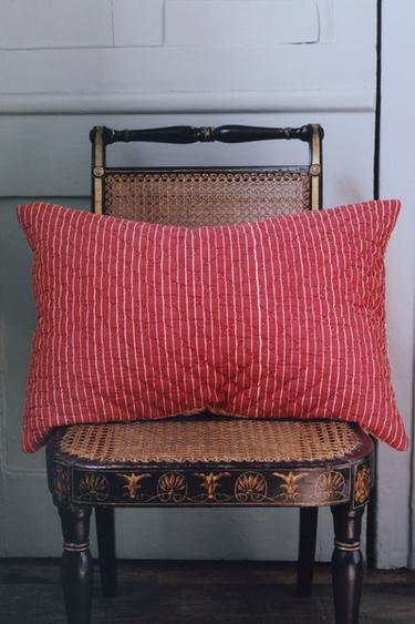 FLORAL AND STRIPED CUSHION COVER | KATHARINE POLE - Ecru / Red by Zara