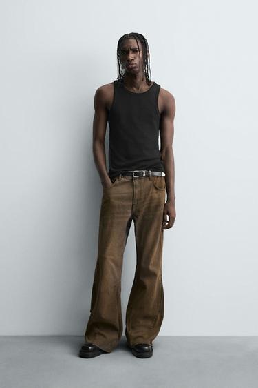 FLARE FIT JEANS WITH ZIPS - Brown by Zara