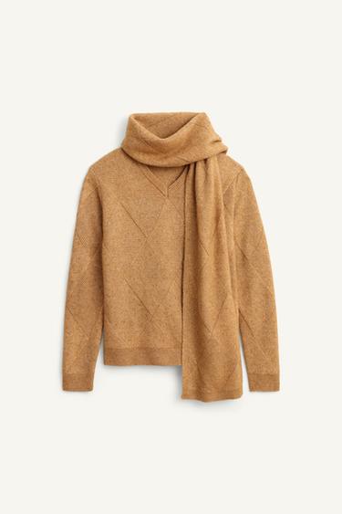 LIMITED EDITION GEOMETRIC JACQUARD SWEATER WITH SCARF - camel by Zara