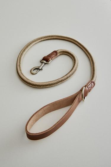 LEATHER AND ROPE DOG LEAD - Green by Zara