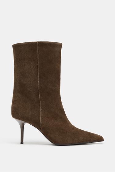 LEATHER HIGH-HEEL ANKLE BOOTS - Brown by Zara