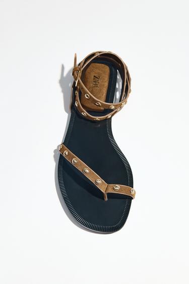 LEATHER STUDDED STRAPPY SANDALS - Brown by Zara