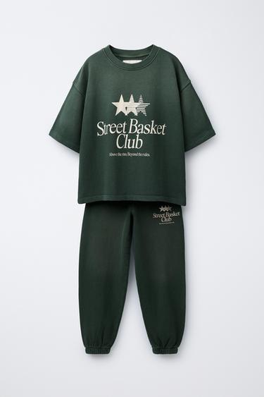 WASHED EFFECT SLOGAN T-SHIRT AND JOGGERS SET - Green by Zara - Image 0