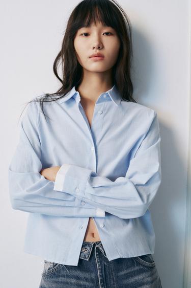 BACK TIE CROPPED SHIRT - White / Sky blue by Zara