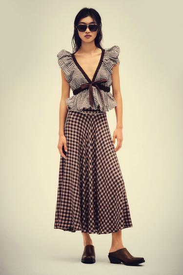 GINGHAM PUFF SLEEVE TOP WITH BOW - Brown / Ecru by Zara