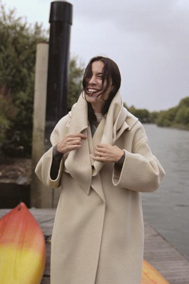 OVERSIZED WOOL BLEND COAT WITH SCARF ZW COLLECTION - Ecru by Zara
