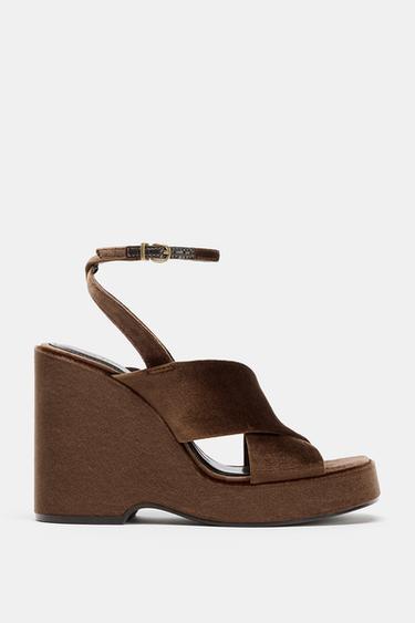 VELVET-EFFECT PLATFORM SANDALS - Brown by Zara