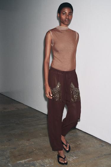 TULLE HIGH NECK T-SHIRT - Brown by Zara
