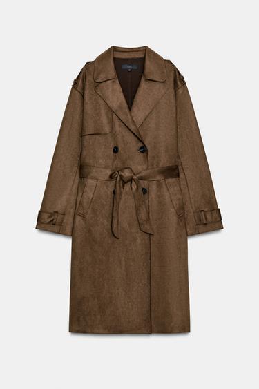 LONG FAUX SUEDE TRENCH COAT WITH BELT - Brown by Zara