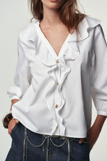 POPLIN SHIRT WITH RUFFLES - White by Zara