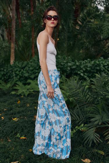 STRIPED WIDE-LEG TROUSERS - Ecru / Blue by Zara