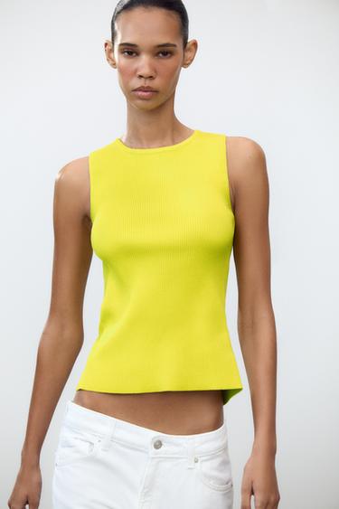 RIBBED KNIT LACE-UP BACK TOP - Lime by Zara