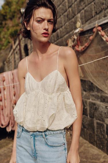 PUFFBALL TOP WITH CUTWORK EMBROIDERY - Ecru by Zara