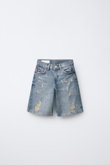 RIPPED LONG DENIM BERMUDA SHORTS - Blue by Zara - Image 0