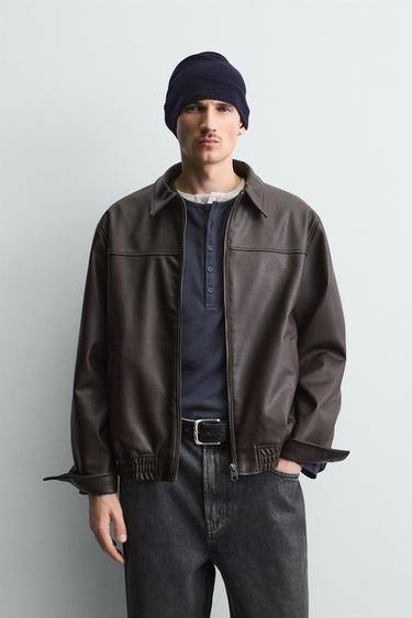 LEATHER EFFECT BOMBER JACKET - Chocolate brown by Zara