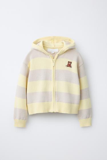 STRIPED HOODED KNIT CARDIGAN WITH BEAR EMBROIDERY - Light yellow by Zara