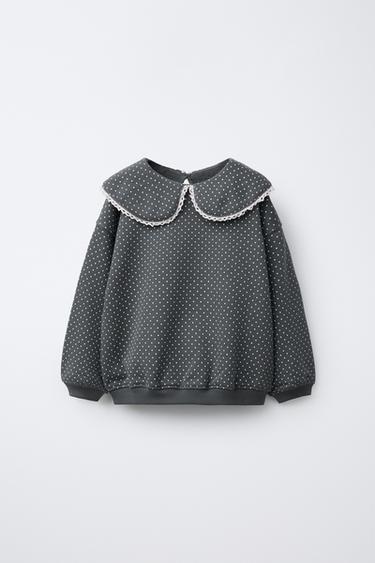 PRINTED SWEATSHIRT WITH PETER PAN COLLAR AND LACE TRIM - Grey by Zara