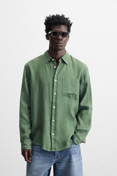 100% LINEN SHIRT - Mid-green by Zara
