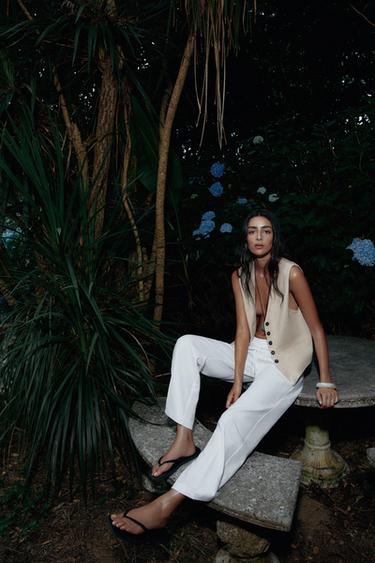 LINEN BLEND STRAIGHT TROUSERS - Oyster-white by Zara